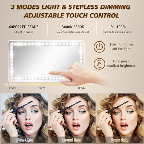 Espejo de Maquillaje LED para Auto — 3 Modos de Luz Táctil